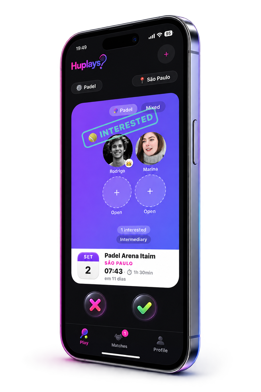 Huplays game-swiping screen displayed on a perspective iPhone